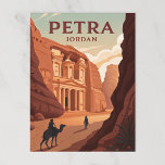 Postal Petra, Jordania<br><div class="desc">Ilustrar a un poster de viajes vintage para Petra, Jordania. Concéntrate en el famoso Al-Khazneh (Tesoro) tallado en los acantilados rojos de roca rosa. La enmarque con un estrecho camino de garganta (Siq) con un camello y un viajero entrando en escena. Usar colores cálidos de terracota, naranja y arena con...</div>