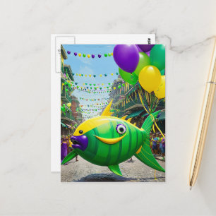 Postal Pez feliz de Mardi Gras verde feliz