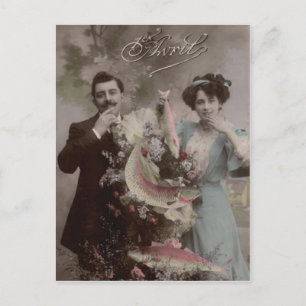 Postal Pez Flor Pareja Victoriana Poisson d'avril