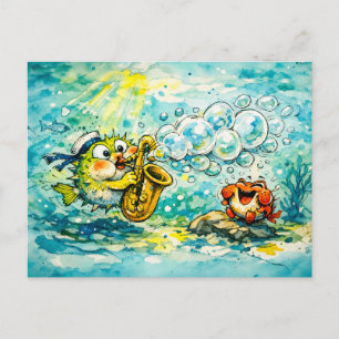 Postal Pez globo tocando el saxofón dibujo animado  