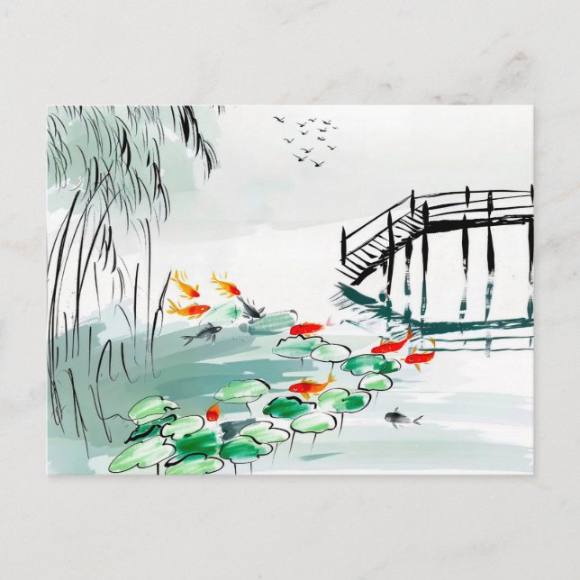 Postal Pez Koi en un Estanque Tranquilo China (Anverso)