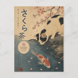 Postal Pez Koi Japonés Arte Vintage Gato Sakura Retro