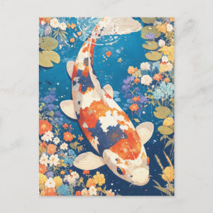Postal Pez Koi Naranja Blanco Negro en Estanque de Flores