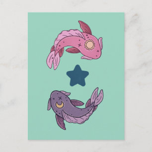 Postal Pez Koi Sol y Luna Arte Celestial de Piscis