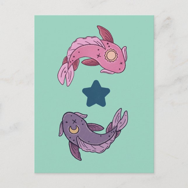 Postal Pez Koi Sol y Luna | Arte Celestial de Piscis (Anverso)