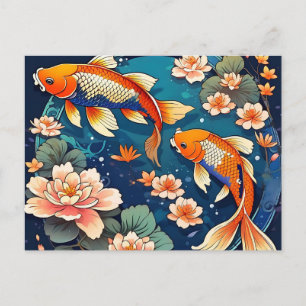Postal Pez Koi Vintage sobre Índigo