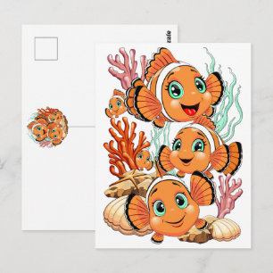 Postal Pez payaso Caricatura linda Familia Bajo el agua