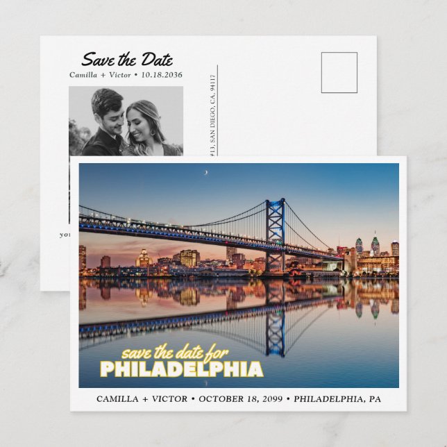 Postal Philadelphia Save the Date Retro Skyline Postcard (Anverso / Reverso)