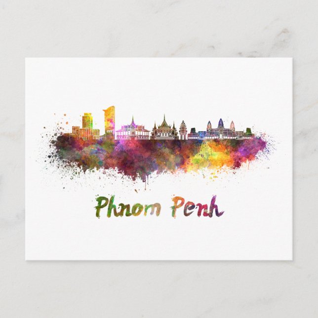 Postal Phnom Penh skyline in watercolor (Anverso)