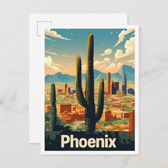 Postal Phoenix Arizona Ilustracion de Viajes de Arte Vint (Anverso / Reverso)