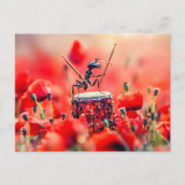 Postal Photorealistic Ant Playing Drums in a Poppy Field