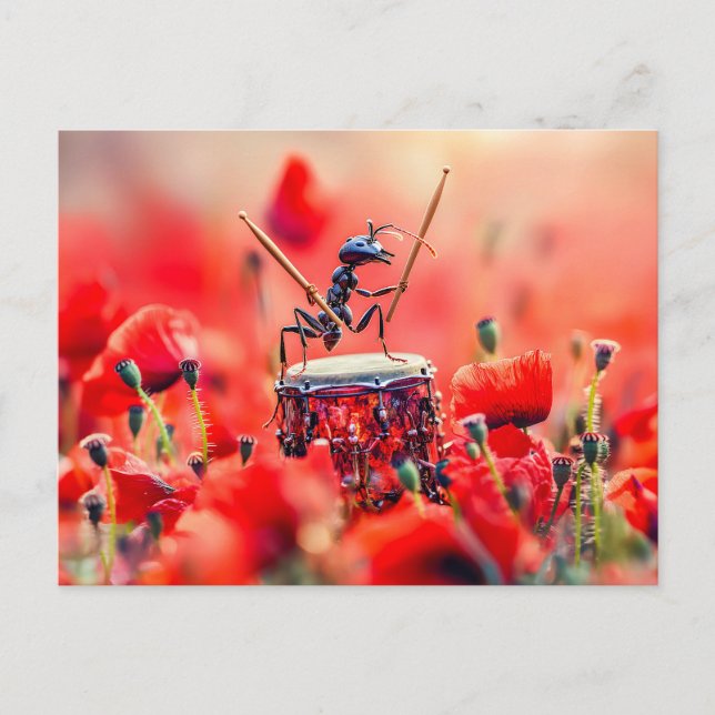 Postal Photorealistic Ant Playing Drums in a Poppy Field (Anverso)