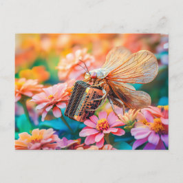 Postal Photorealistic Cicada Playing Accordion inZinnia