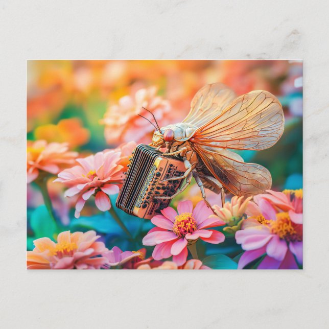 Postal Photorealistic Cicada Playing Accordion inZinnia (Anverso)