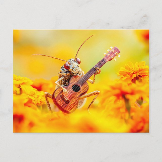 Postal Photorealistic Cockroach Playing Guitar Among Mari (Anverso)