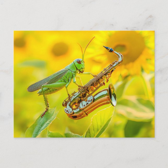 Postal Photorealistic Grasshopper Playing Saxophone (Anverso)