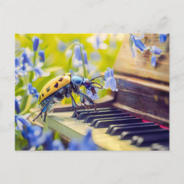 Postal Photorealistic Oil Beetle Playing Piano Among Blue