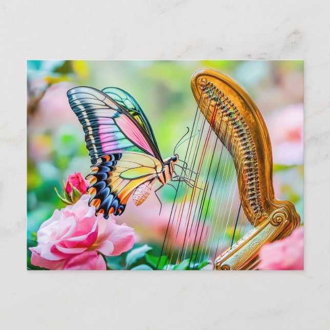 Postal Photorealistic Swallowtail Butterfly Playing Harp  (Anverso)
