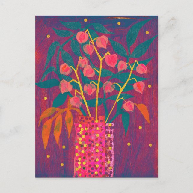 Postal Physalis Linternas chinas Papel Collage Arte Flora (Anverso)