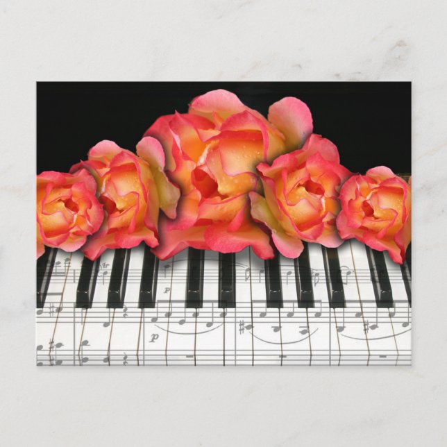 Postal Piano Keyboard Rosas y Music Notes (Anverso)