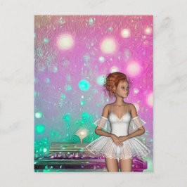 Postal Piano surrealista de fondo verde y rosa y balanza