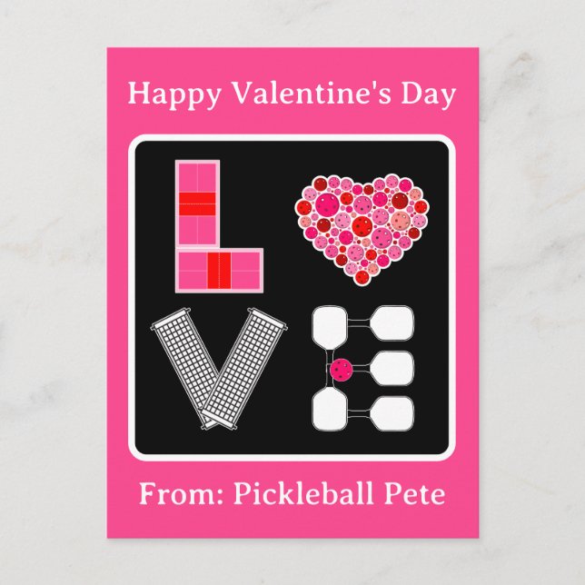 Postal Pickleball Love Heart Court Balls Paddles Pink Red (Anverso)