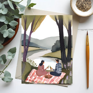 Postal Pícnic junto al lago   Pintura en acuarela de la n
