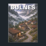 Postal Picos de Europa Bulnes Viajes a España<br><div class="desc">Oculto en los Picos de Europa,  Bulnes parece suspendido en el tiempo. Casas de piedra se aferran a empinadas laderas verdes,  nubes bajas flotan a través del valle y la única forma de entrar (a menos que camines) es un pequeño funicular de montaña. El silencio aquí se siente intencional.</div>