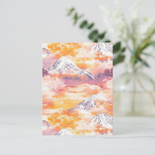 Postal Picos de nieve naranja Puesta de sol Aquarela Arte