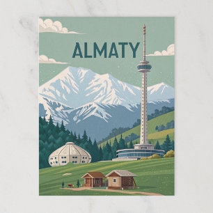 Postal Picos y torres de Almaty en fría vista retro
