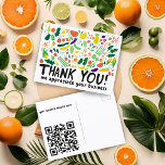 Postal Pida GRACIAS PERSONALIZADO QR de frutas de la comp<br><div class="desc">¡Mira esta carta genial, hecha a mano por mí para ti! No dudes en añadir tu propio texto al frente o al revés. Perfecto para incluir con pedidos de clientes, añadir tu propio texto al reverso - incluir tu información de contacto, códigos de descuento para compras futuras u otros detalles....</div>