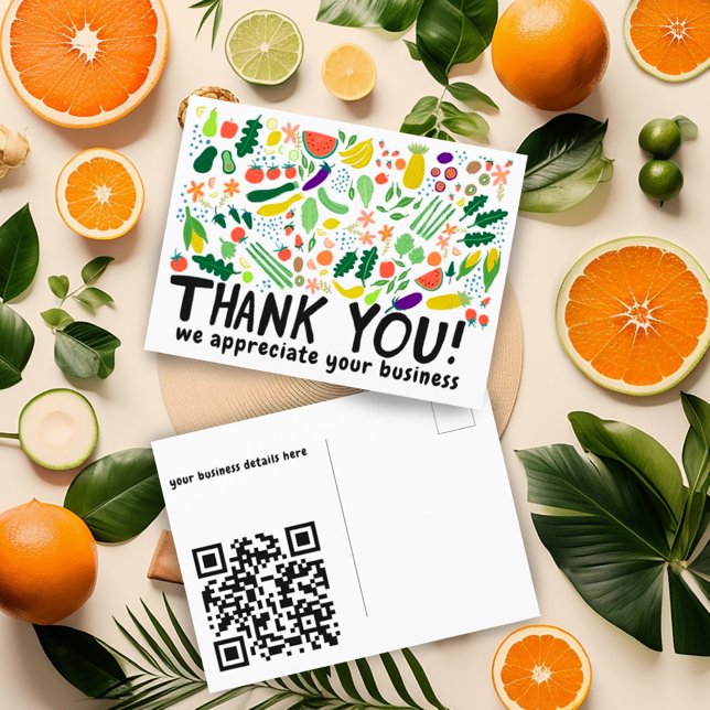 Postal Pida GRACIAS PERSONALIZADO QR de frutas de la comp (Thank you for your order card with custom QR code and fruit and vegetable illustration. Customize it)