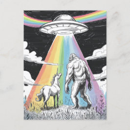 Postal Pie gigante con unicornio y un OVNI