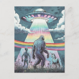 Postal Pie grande, alienígena y unicornio con un OVNI