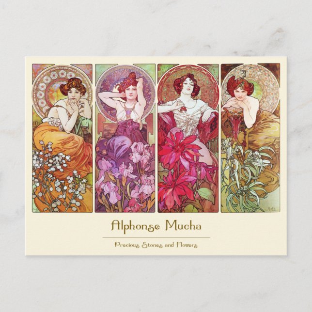 Postal Piedras preciosas y flores, Alphonse Mucha (Anverso)