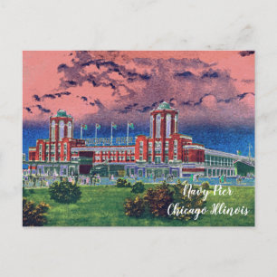 Postal Pier naval Chicago 1920's Watercolor Art Windy Cit