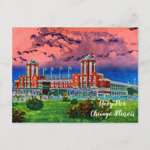 Postal Pier naval Chicago 1920's Watercolor Art Windy Cit
