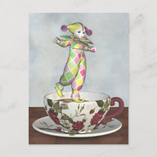 Postal Pierrot Clown Doll Balancing en una Tea Cup