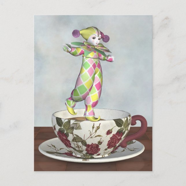 Postal Pierrot Clown Doll Balancing en una Tea Cup (Anverso)