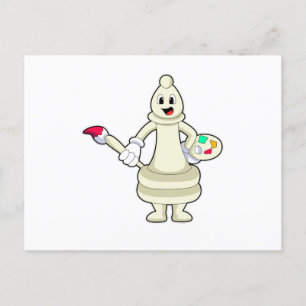 Postal Pieza de ajedrez Alfil como pintor con pincel y co