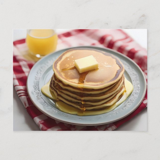 Postal Pieza de tortitas sobre plato cubierto de jarabe (Anverso)