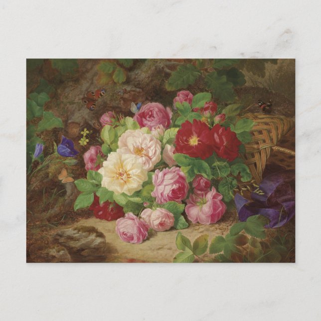 Postal Pieza Rosa en el suelo forestal con mariposas (Anverso)