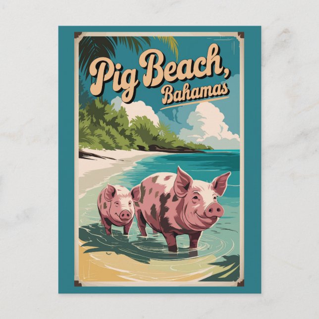 Postal Pig Beach Bahamas Viaje Arte Vintage (Anverso)