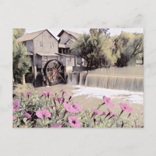 Postal Pigeon Forge Old Mill acuarela con flores