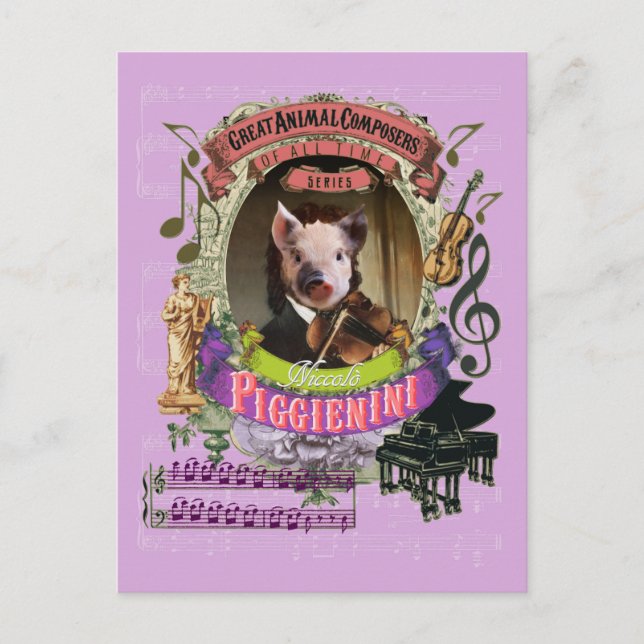 Postal Piggienini Funny Pig Animal Composer Paganini (Anverso)