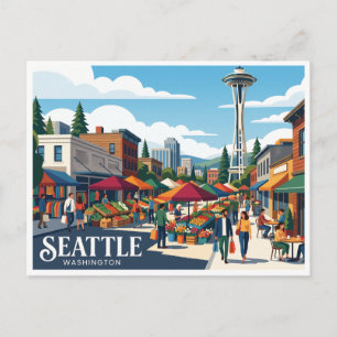 Postal Pike Place Market y Space Needle Seattle