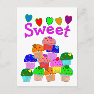 Postal Pila de Cupcakes "Dulces" con Corazones Brillantes