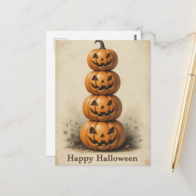 Postal Pila sonriente de calabaza encendida diversión de  (Anverso/Reverso In Situ)