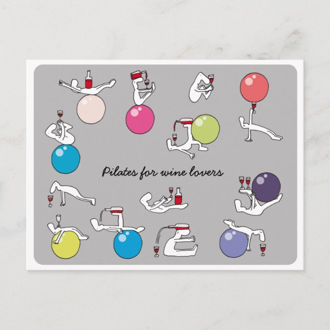 Postal Pilates para los amantes del vino postal, gris (Anverso)