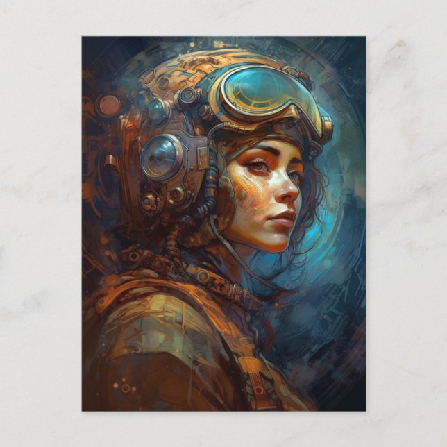 Postal Piloto de Arte de Ciencia Ficción Lady Futurista (Anverso)